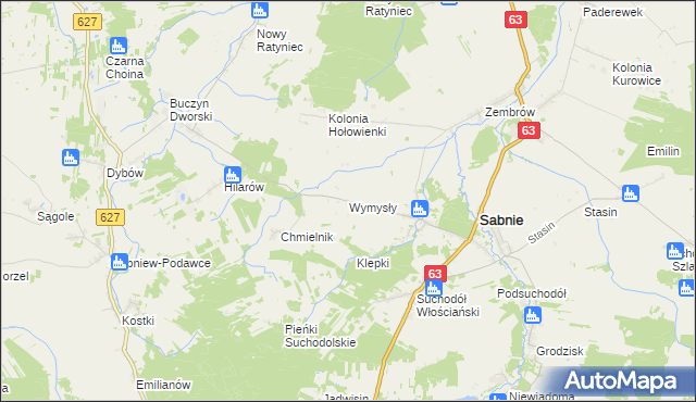 mapa Wymysły gmina Sabnie, Wymysły gmina Sabnie na mapie Targeo