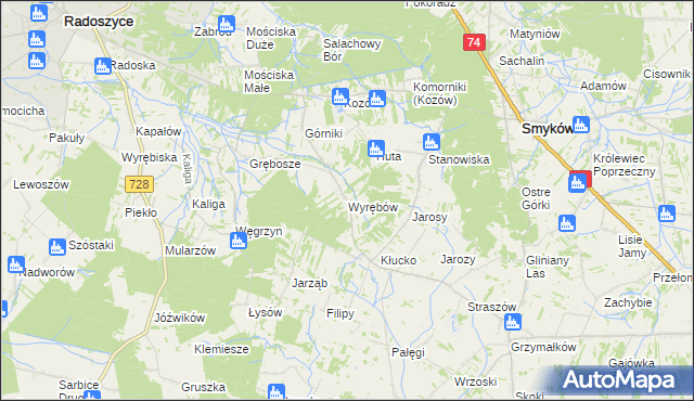mapa Wyrębów gmina Radoszyce, Wyrębów gmina Radoszyce na mapie Targeo