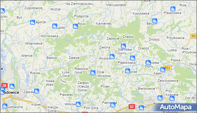mapa Wysoka gmina Wadowice, Wysoka gmina Wadowice na mapie Targeo