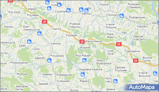 mapa Wysokie gmina Limanowa, Wysokie gmina Limanowa na mapie Targeo