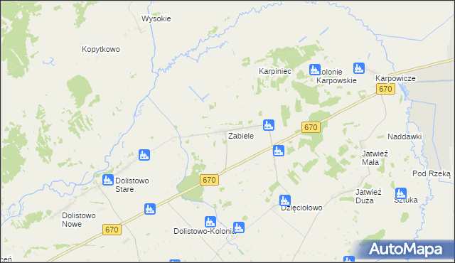 mapa Zabiele gmina Jaświły, Zabiele gmina Jaświły na mapie Targeo