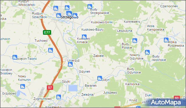 mapa Zabiele gmina Strzegowo, Zabiele gmina Strzegowo na mapie Targeo