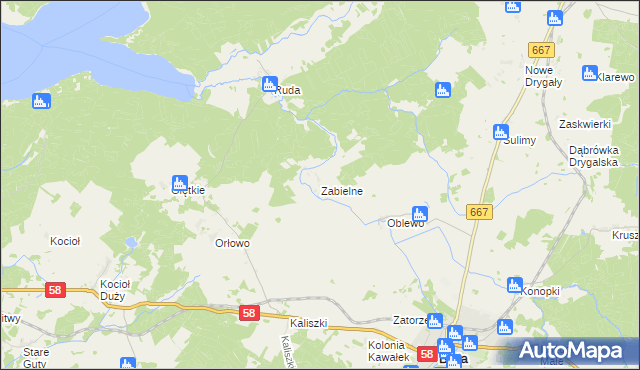 mapa Zabielne gmina Biała Piska, Zabielne gmina Biała Piska na mapie Targeo