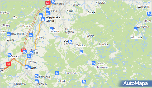 mapa Żabnica gmina Węgierska Górka, Żabnica gmina Węgierska Górka na mapie Targeo