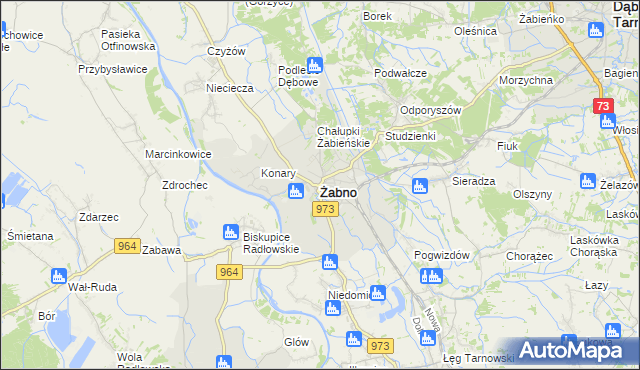 mapa Żabno powiat tarnowski, Żabno powiat tarnowski na mapie Targeo