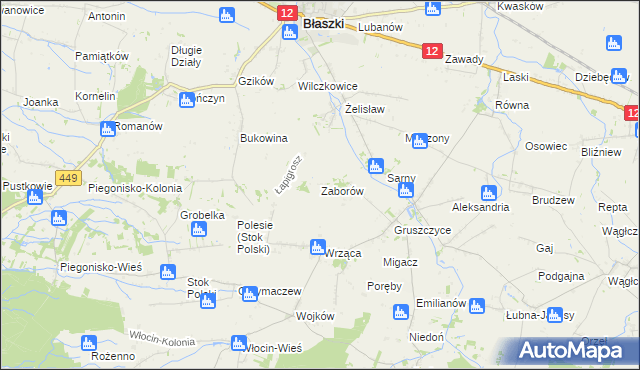 mapa Zaborów gmina Błaszki, Zaborów gmina Błaszki na mapie Targeo