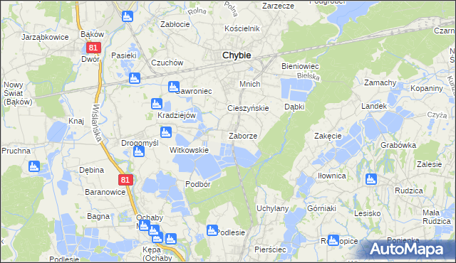 mapa Zaborze gmina Chybie, Zaborze gmina Chybie na mapie Targeo