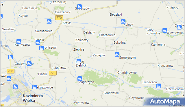 mapa Zagajów gmina Czarnocin, Zagajów gmina Czarnocin na mapie Targeo