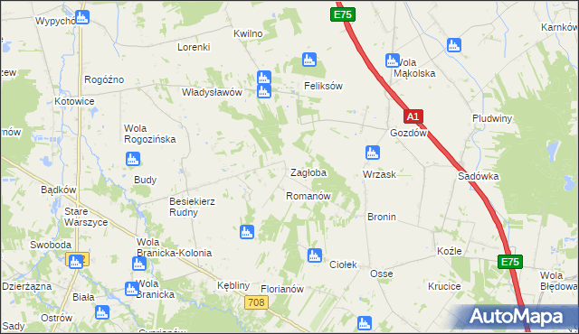 mapa Zagłoba gmina Stryków, Zagłoba gmina Stryków na mapie Targeo