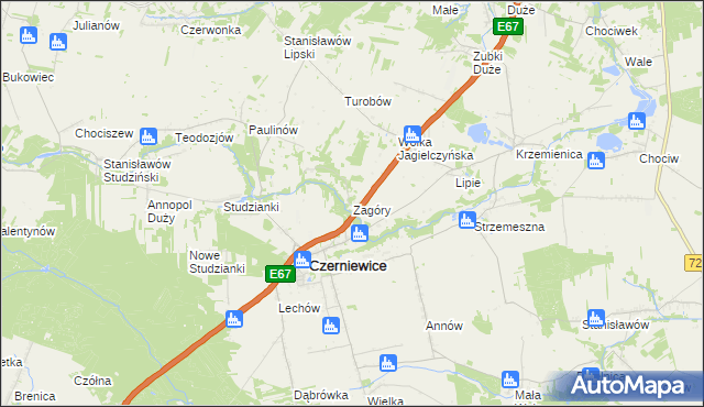 mapa Zagóry gmina Czerniewice, Zagóry gmina Czerniewice na mapie Targeo