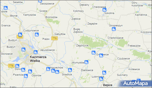 mapa Zagórzyce gmina Kazimierza Wielka, Zagórzyce gmina Kazimierza Wielka na mapie Targeo