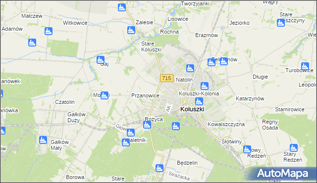 mapa Żakowice gmina Koluszki, Żakowice gmina Koluszki na mapie Targeo