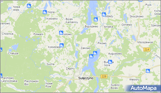 mapa Żakowo gmina Sulęczyno, Żakowo gmina Sulęczyno na mapie Targeo