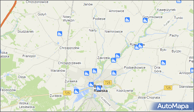 mapa Zakrzew gmina Biała Rawska, Zakrzew gmina Biała Rawska na mapie Targeo