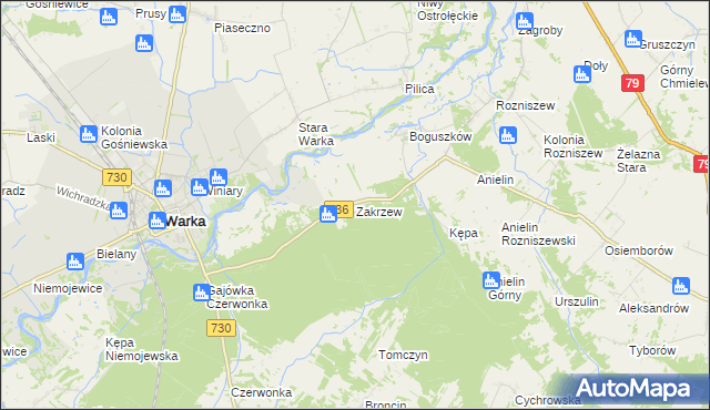 mapa Zakrzew gmina Grabów nad Pilicą, Zakrzew gmina Grabów nad Pilicą na mapie Targeo