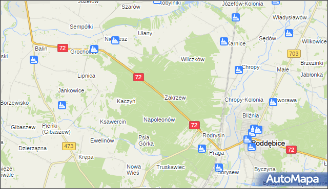mapa Zakrzew gmina Poddębice, Zakrzew gmina Poddębice na mapie Targeo