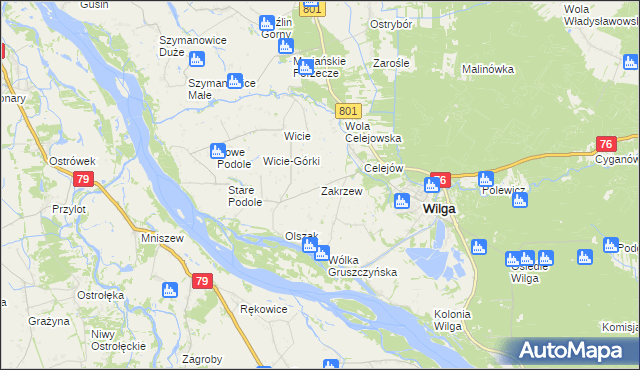 mapa Zakrzew gmina Wilga, Zakrzew gmina Wilga na mapie Targeo