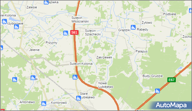 mapa Zakrzewek gmina Ostrów Mazowiecka, Zakrzewek gmina Ostrów Mazowiecka na mapie Targeo