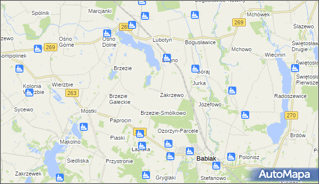 mapa Zakrzewo gmina Babiak, Zakrzewo gmina Babiak na mapie Targeo