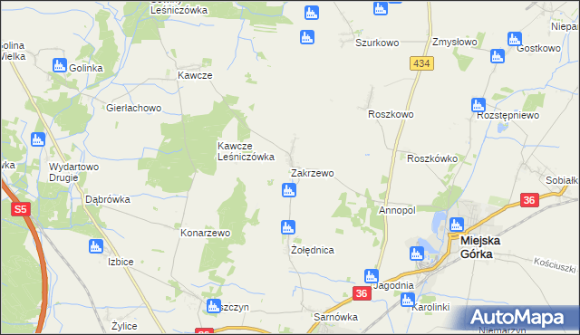 mapa Zakrzewo gmina Miejska Górka, Zakrzewo gmina Miejska Górka na mapie Targeo