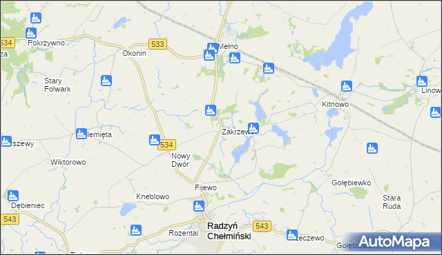 mapa Zakrzewo gmina Radzyń Chełmiński, Zakrzewo gmina Radzyń Chełmiński na mapie Targeo