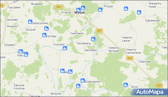 mapa Zakrzewo gmina Wyszki, Zakrzewo gmina Wyszki na mapie Targeo