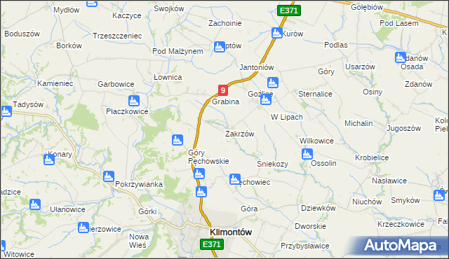 mapa Zakrzów gmina Klimontów, Zakrzów gmina Klimontów na mapie Targeo