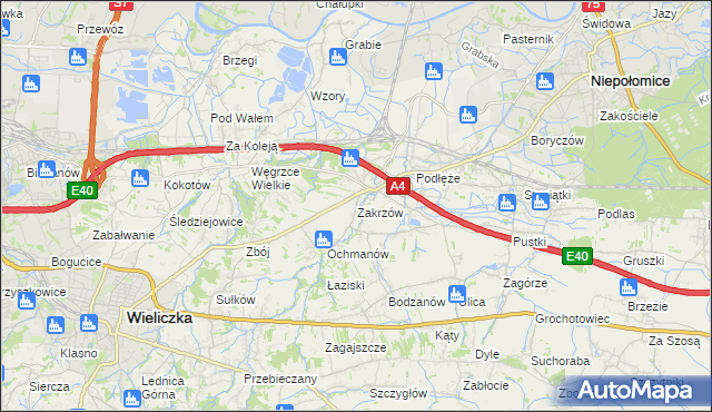 mapa Zakrzów gmina Niepołomice, Zakrzów gmina Niepołomice na mapie Targeo