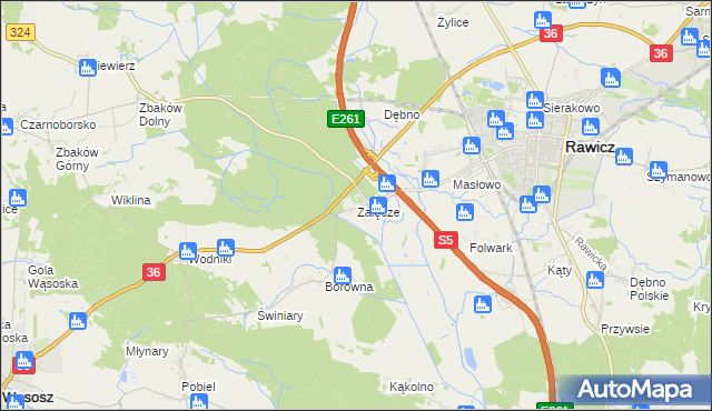 mapa Załęcze gmina Rawicz, Załęcze gmina Rawicz na mapie Targeo