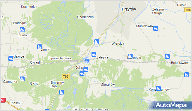 mapa Zalesice gmina Przyrów, Zalesice gmina Przyrów na mapie Targeo