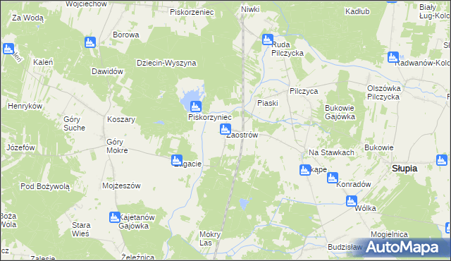 mapa Zaostrów gmina Słupia Konecka, Zaostrów gmina Słupia Konecka na mapie Targeo