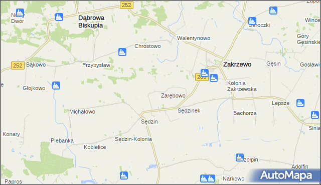 mapa Zarębowo gmina Zakrzewo, Zarębowo gmina Zakrzewo na mapie Targeo