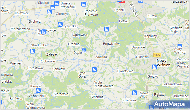 mapa Zawada gmina Bochnia, Zawada gmina Bochnia na mapie Targeo