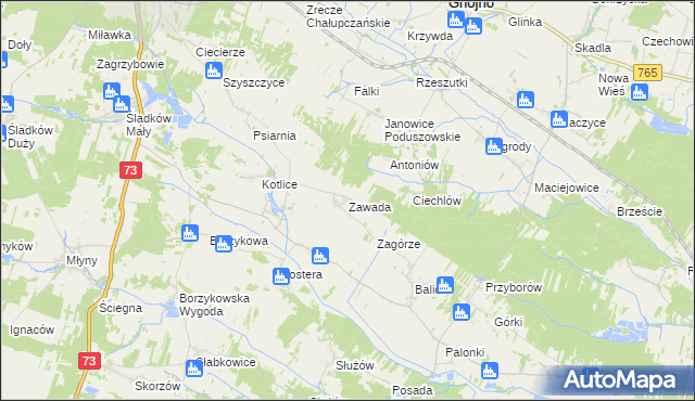 mapa Zawada gmina Gnojno, Zawada gmina Gnojno na mapie Targeo