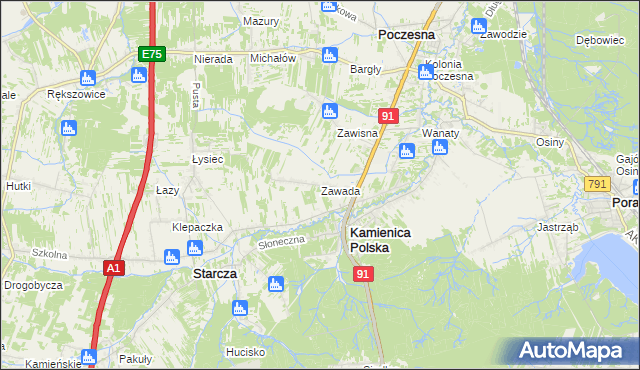 mapa Zawada gmina Kamienica Polska, Zawada gmina Kamienica Polska na mapie Targeo