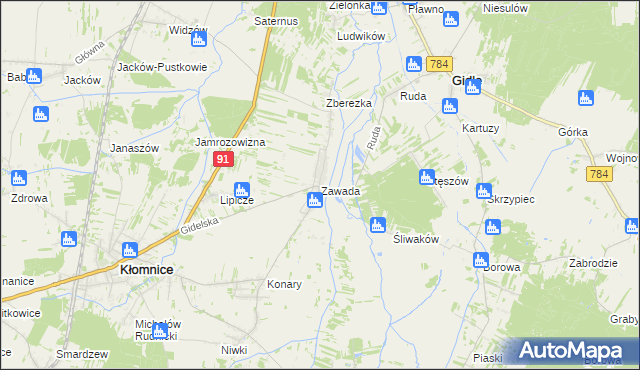 mapa Zawada gmina Kłomnice, Zawada gmina Kłomnice na mapie Targeo