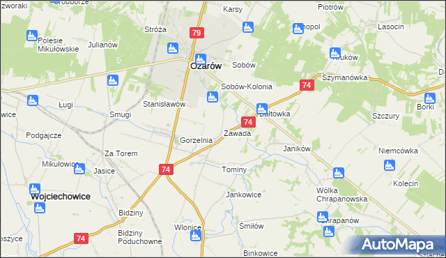 mapa Zawada gmina Ożarów, Zawada gmina Ożarów na mapie Targeo