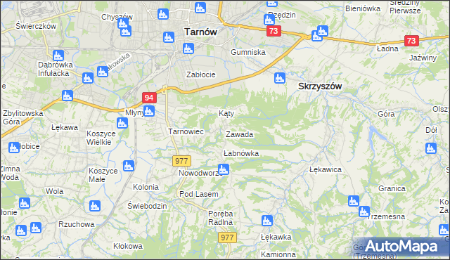 mapa Zawada gmina Tarnów, Zawada gmina Tarnów na mapie Targeo