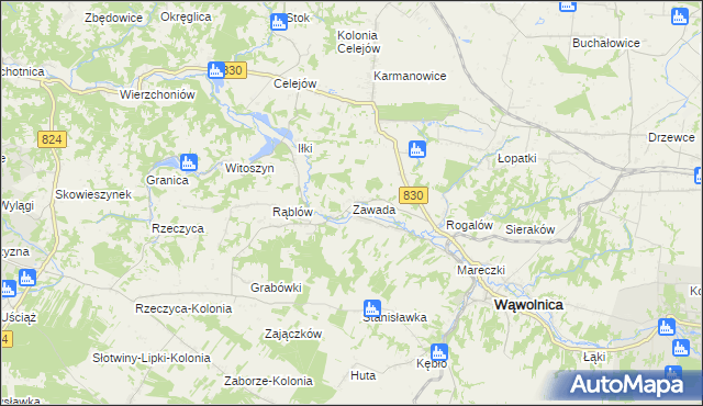 mapa Zawada gmina Wąwolnica, Zawada gmina Wąwolnica na mapie Targeo