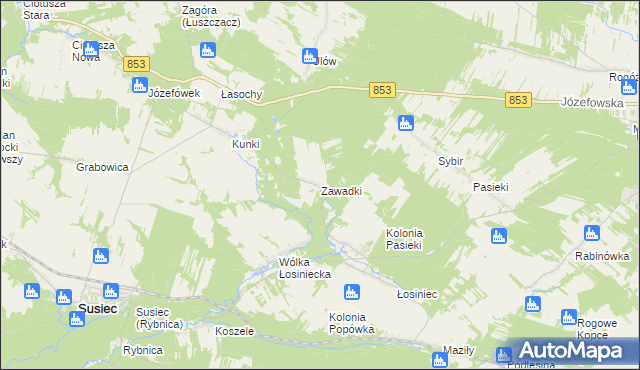 mapa Zawadki gmina Susiec, Zawadki gmina Susiec na mapie Targeo