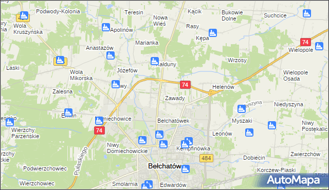 mapa Zawady gmina Bełchatów, Zawady gmina Bełchatów na mapie Targeo