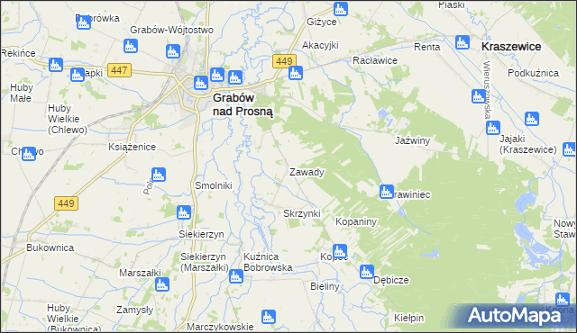 mapa Zawady gmina Grabów nad Prosną, Zawady gmina Grabów nad Prosną na mapie Targeo
