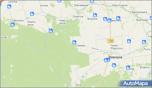 mapa Zawady gmina Rzeczyca, Zawady gmina Rzeczyca na mapie Targeo