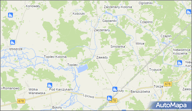 mapa Zawady gmina Turośń Kościelna, Zawady gmina Turośń Kościelna na mapie Targeo