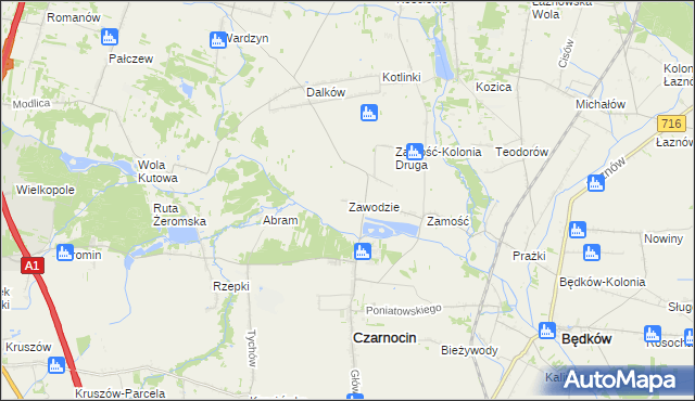 mapa Zawodzie gmina Czarnocin, Zawodzie gmina Czarnocin na mapie Targeo
