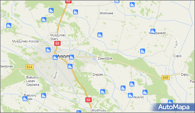 mapa Zawodzie gmina Myszyniec, Zawodzie gmina Myszyniec na mapie Targeo
