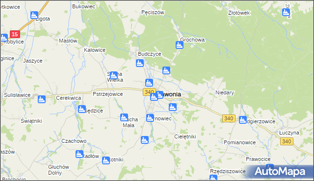 mapa Zawonia powiat trzebnicki, Zawonia powiat trzebnicki na mapie Targeo