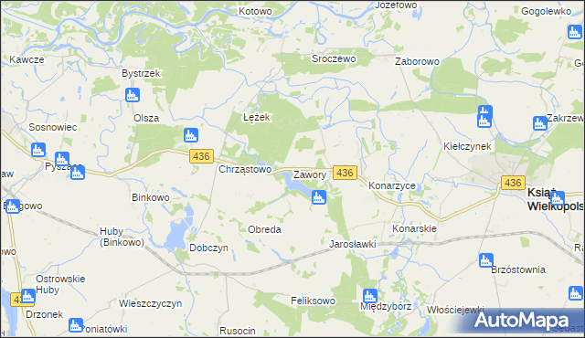 mapa Zawory gmina Książ Wielkopolski, Zawory gmina Książ Wielkopolski na mapie Targeo