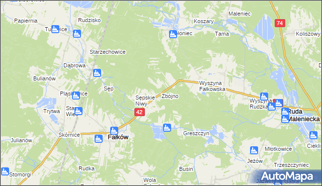 mapa Zbójno gmina Fałków, Zbójno gmina Fałków na mapie Targeo