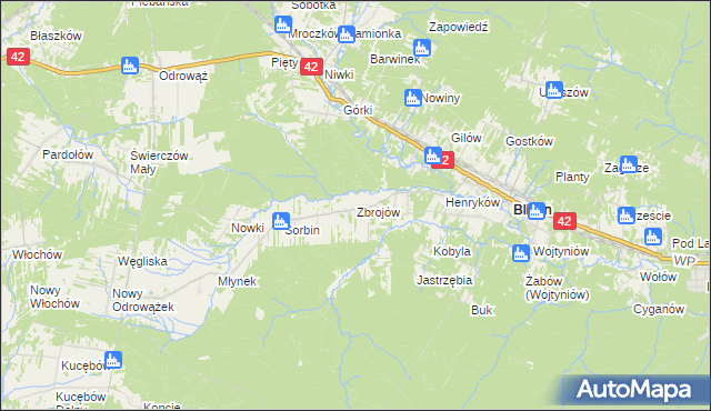 mapa Zbrojów gmina Bliżyn, Zbrojów gmina Bliżyn na mapie Targeo